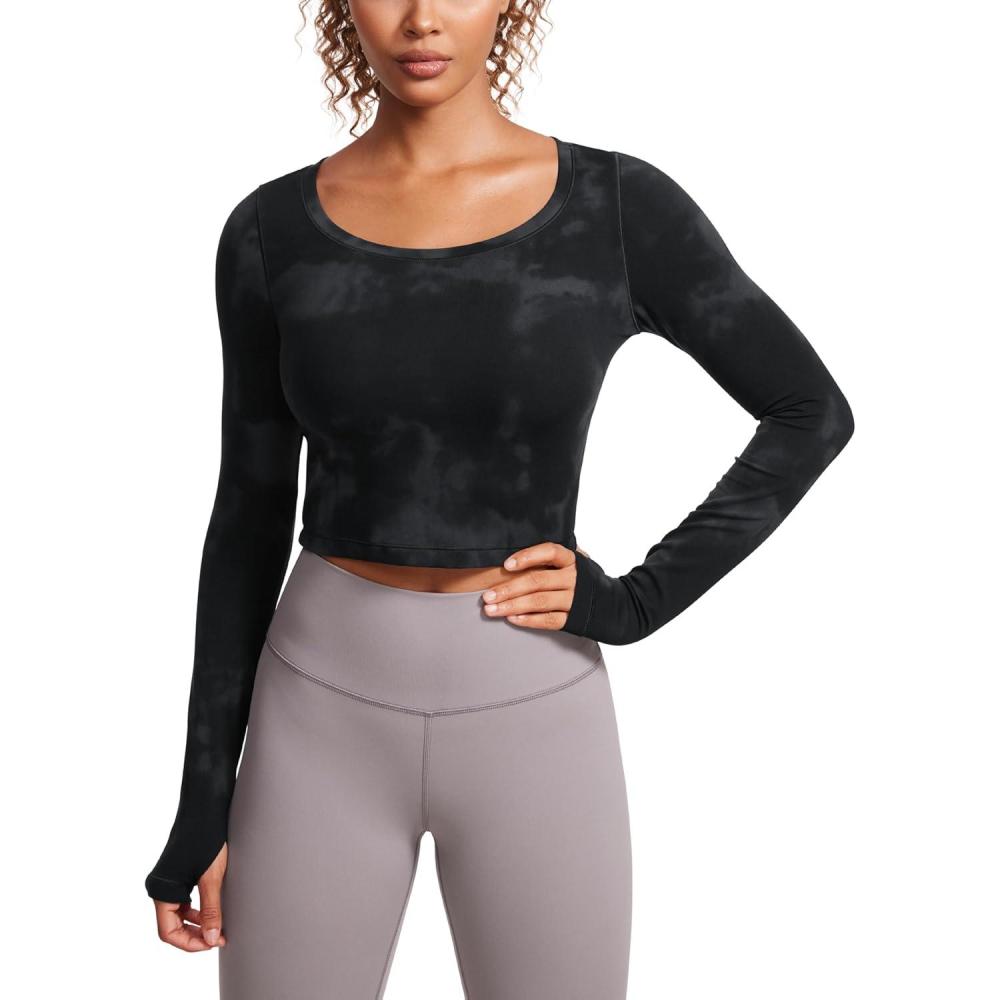 imageCRZ YOGA Butterluxe Long Sleeve Crop Tops for Women Slim Fit Workout Shirts Cropped Athletic Gym TShirtsBlack Tie Dye Flowers
