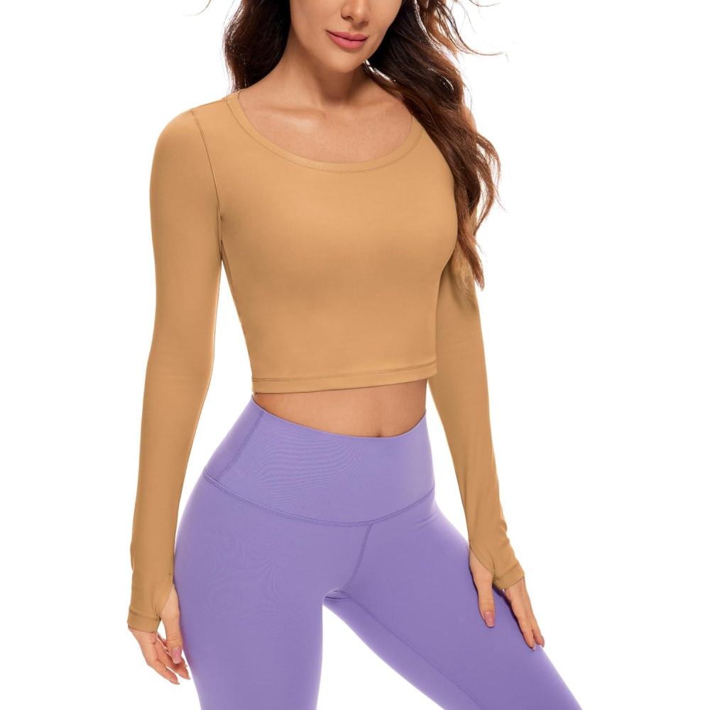 imageCRZ YOGA Butterluxe Long Sleeve Crop Tops for Women Slim Fit Workout Shirts Cropped Athletic Gym TShirtsDoe Brown