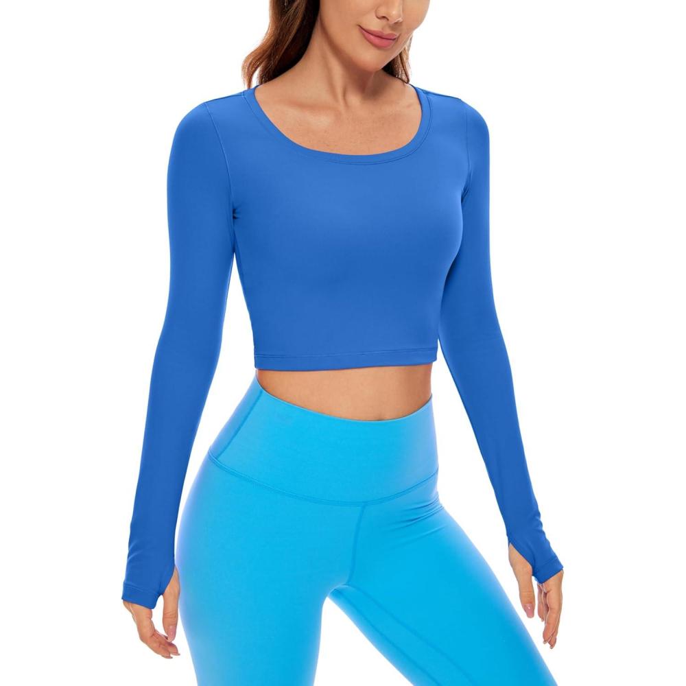 imageCRZ YOGA Butterluxe Long Sleeve Crop Tops for Women Slim Fit Workout Shirts Cropped Athletic Gym TShirtsSparkle Blue