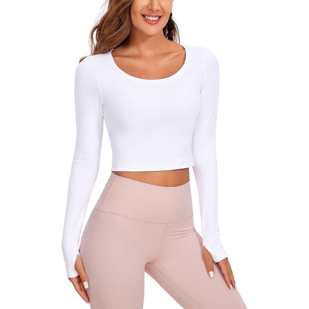 imageCRZ YOGA Butterluxe Long Sleeve Crop Tops for Women Slim Fit Workout Shirts Cropped Athletic Gym TShirtsWhite