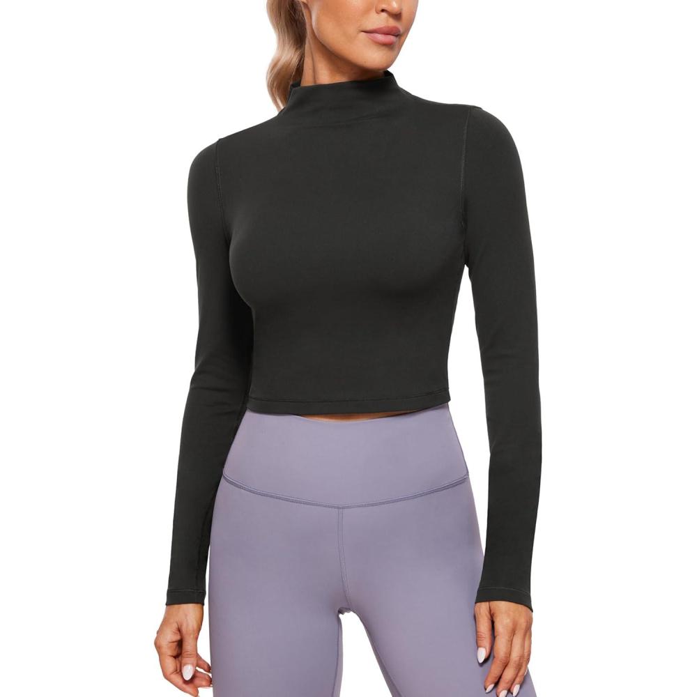 imageCRZ YOGA Butterluxe Mock Neck Long Sleeve Shirts for Women  Workout Casual Tops Turtleneck Crop Slim Fall Base LayerBlack