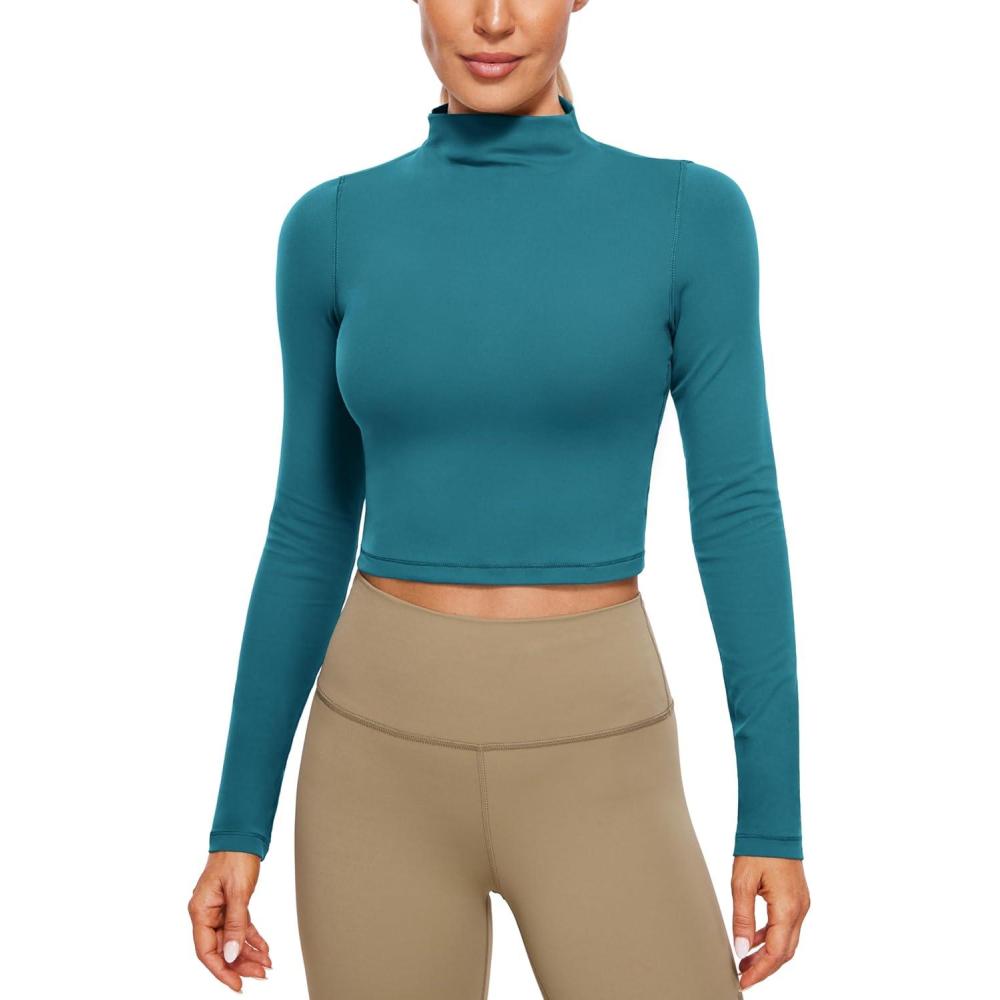 imageCRZ YOGA Butterluxe Mock Neck Long Sleeve Shirts for Women Workout Casual Tops Turtleneck Crop Slim Fall Base LayerBorealis Green