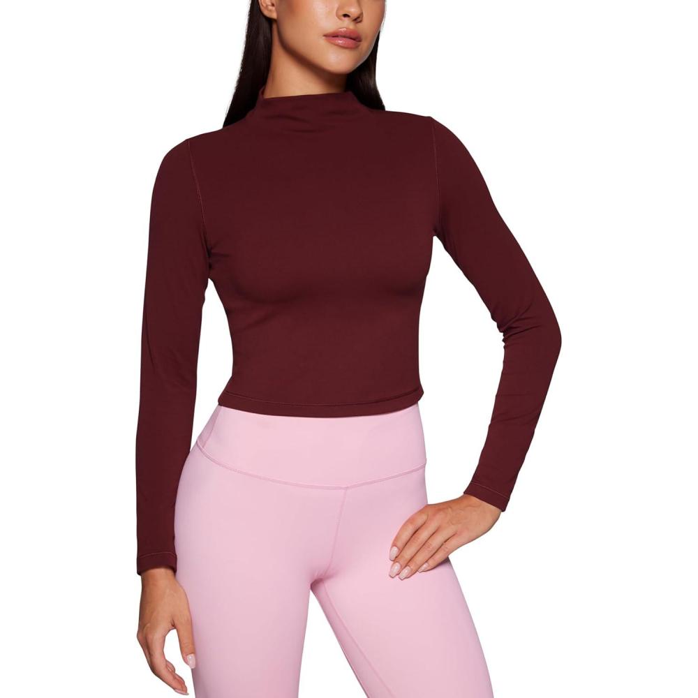 imageCRZ YOGA Butterluxe Mock Neck Long Sleeve Shirts for Women Workout Casual Tops Turtleneck Crop Slim Fall Base LayerRed Merlot