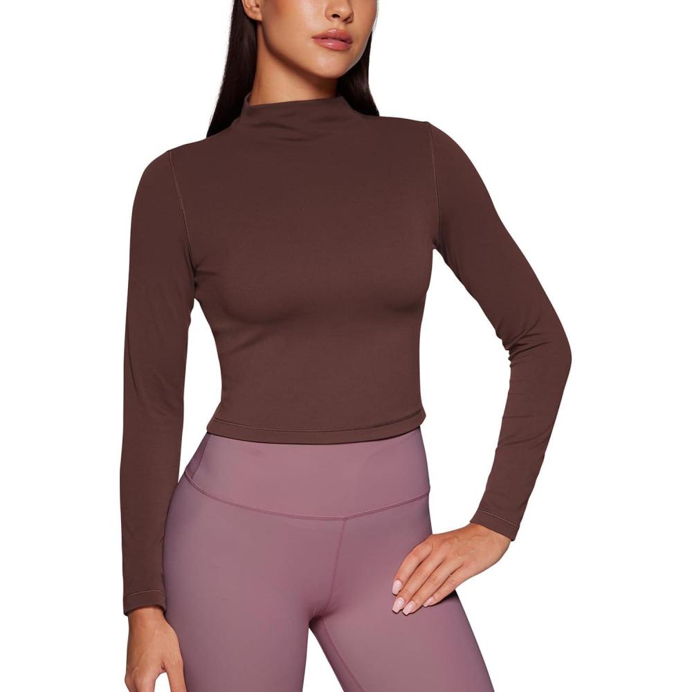 imageCRZ YOGA Butterluxe Mock Neck Long Sleeve Shirts for Women Workout Casual Tops Turtleneck Crop Slim Fall Base LayerTaupe