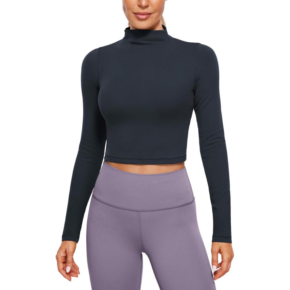 imageCRZ YOGA Butterluxe Mock Neck Long Sleeve Shirts for Women Workout Casual Tops Turtleneck Crop Slim Fall Base LayerTrue Navy