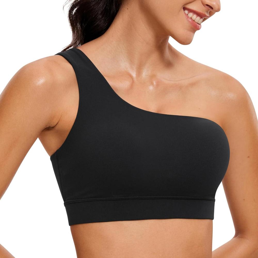imageCRZ YOGA Butterluxe One Shoulder Sports Bras for Women Sleeveless One Strap Low Impact Asymmetrical Workout Yoga TopsBlack