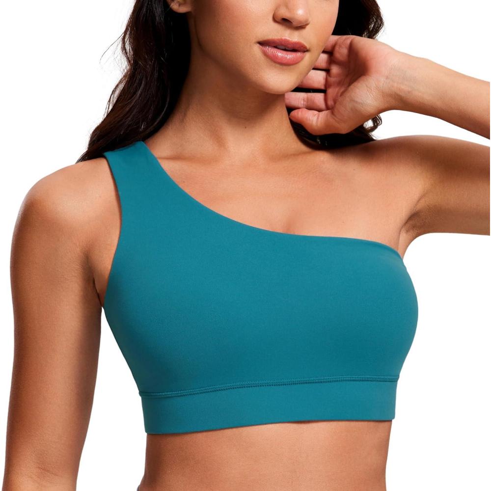 imageCRZ YOGA Butterluxe One Shoulder Sports Bras for Women Sleeveless One Strap Low Impact Asymmetrical Workout Yoga TopsBorealis Green