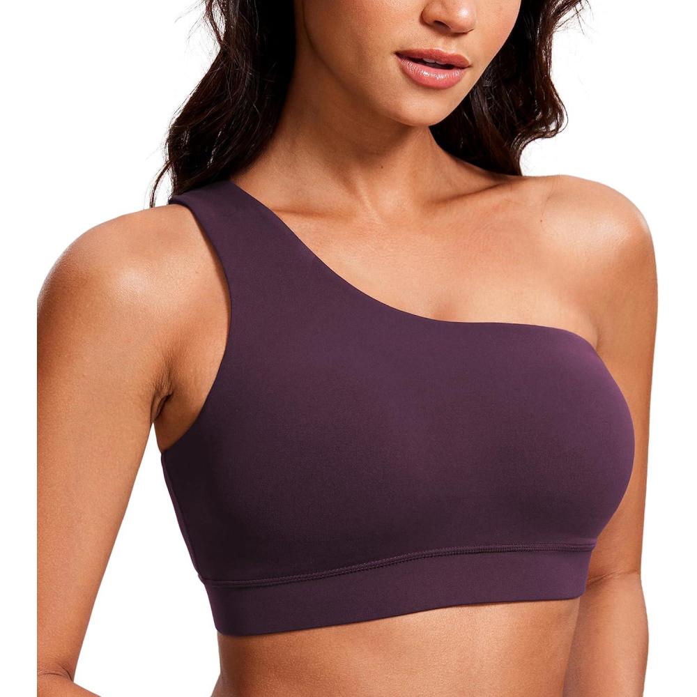 imageCRZ YOGA Butterluxe One Shoulder Sports Bras for Women Sleeveless One Strap Low Impact Asymmetrical Workout Yoga TopsDeep Purple