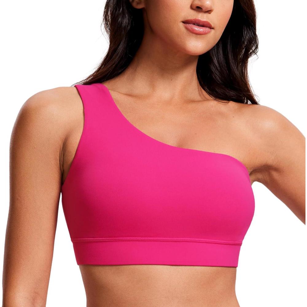 imageCRZ YOGA Butterluxe One Shoulder Sports Bras for Women Sleeveless One Strap Low Impact Asymmetrical Workout Yoga TopsGranita Pink