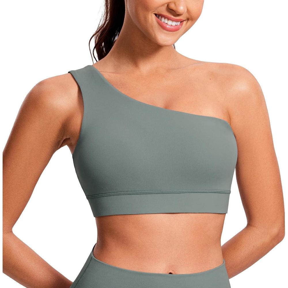 imageCRZ YOGA Butterluxe One Shoulder Sports Bras for Women Sleeveless One Strap Low Impact Asymmetrical Workout Yoga TopsGrey Sage