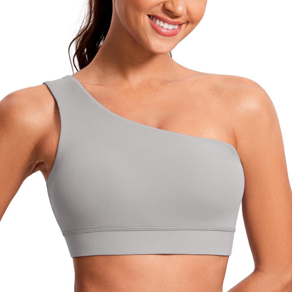 imageCRZ YOGA Butterluxe One Shoulder Sports Bras for Women Sleeveless One Strap Low Impact Asymmetrical Workout Yoga TopsGull Gray