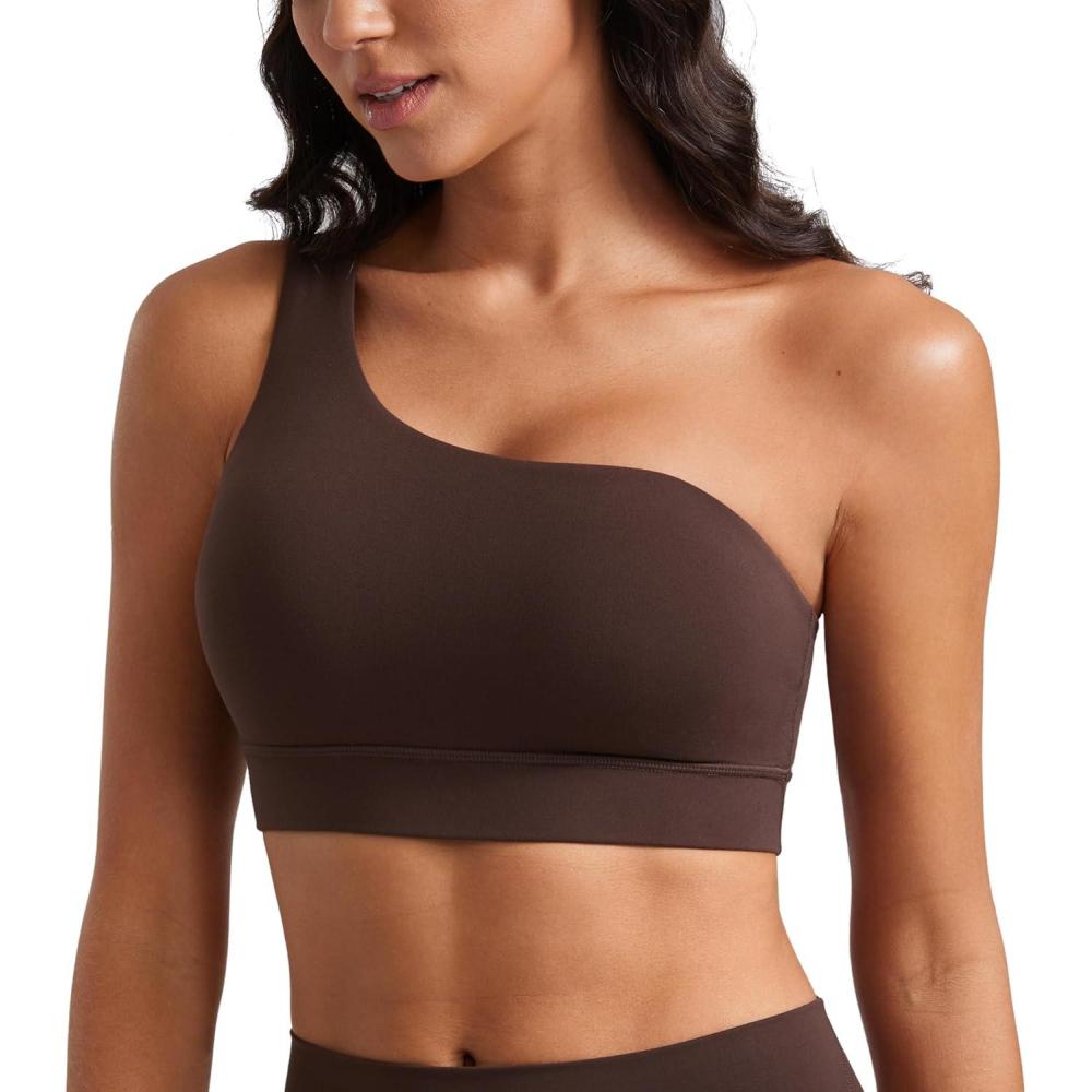imageCRZ YOGA Butterluxe One Shoulder Sports Bras for Women Sleeveless One Strap Low Impact Asymmetrical Workout Yoga TopsHot Fudge Brown