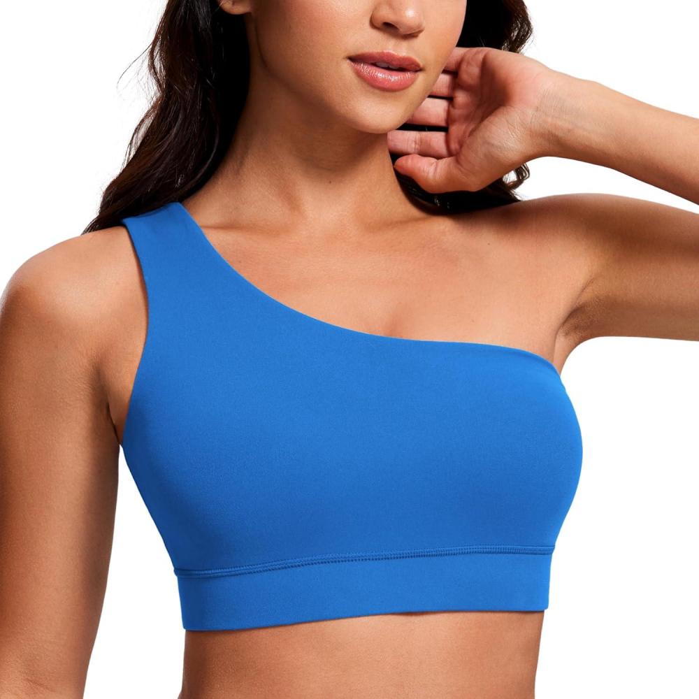 imageCRZ YOGA Butterluxe One Shoulder Sports Bras for Women Sleeveless One Strap Low Impact Asymmetrical Workout Yoga TopsSparkle Blue