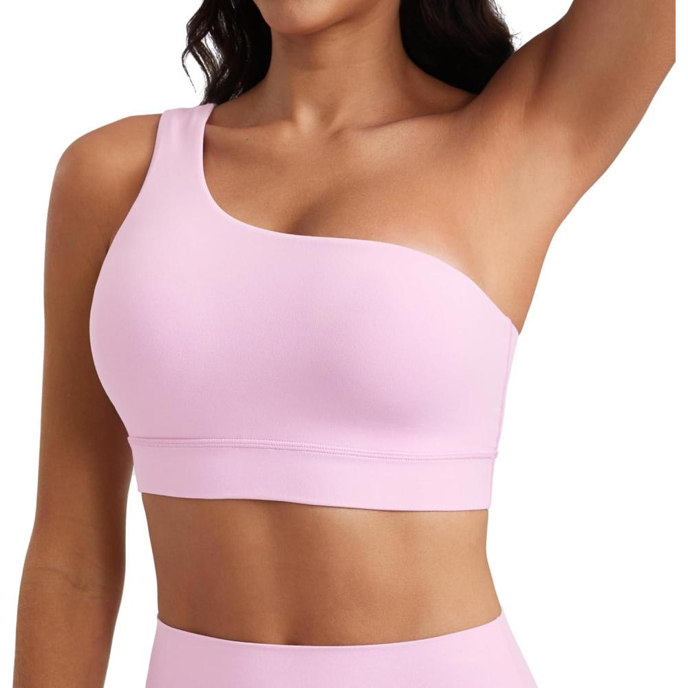 imageCRZ YOGA Butterluxe One Shoulder Sports Bras for Women Sleeveless One Strap Low Impact Asymmetrical Workout Yoga TopsVita Pink