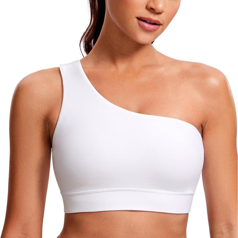 imageCRZ YOGA Butterluxe One Shoulder Sports Bras for Women Sleeveless One Strap Low Impact Asymmetrical Workout Yoga TopsWhite