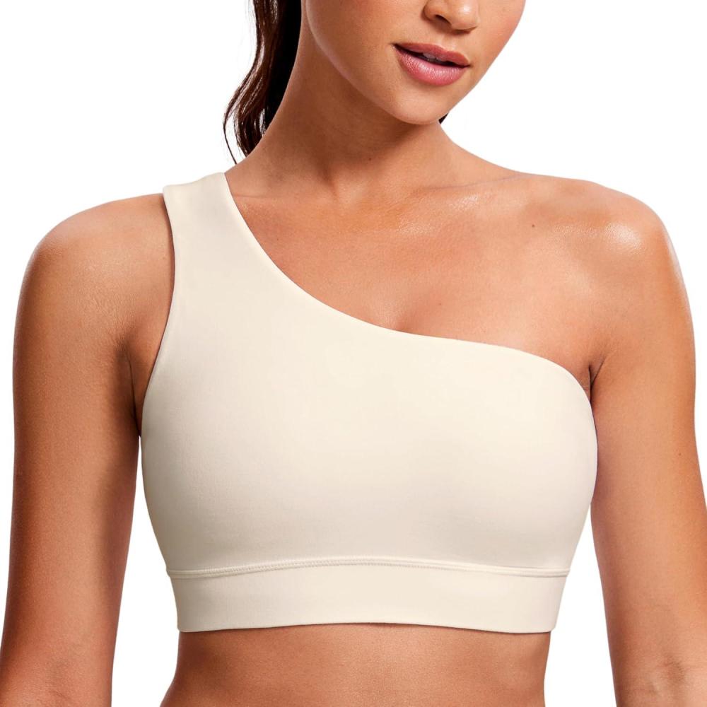 imageCRZ YOGA Butterluxe One Shoulder Sports Bras for Women  Sleeveless One Strap Low Impact Asymmetrical Workout Yoga TopsWhite Apricot