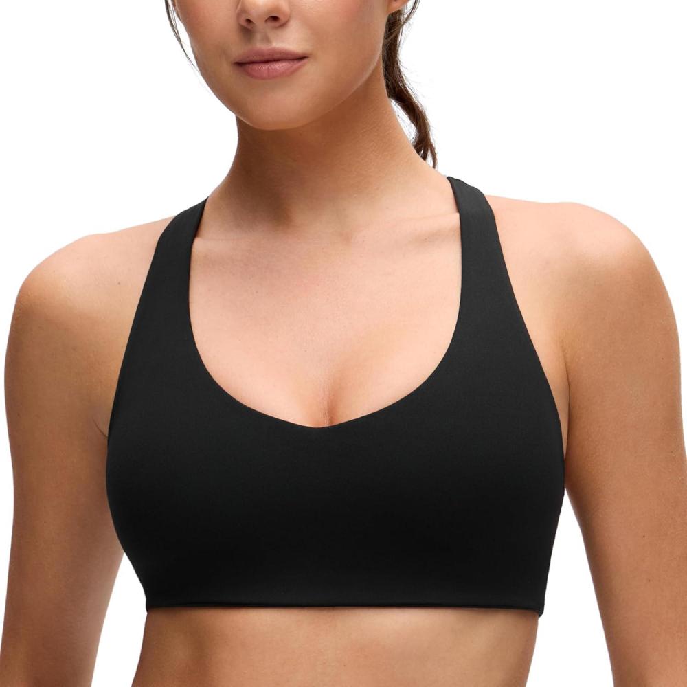 imageCRZ YOGA Butterluxe Racerback Sports Bras for Women V Neck Supportive Padded Wireless Athletic Yoga Crop TopBlack