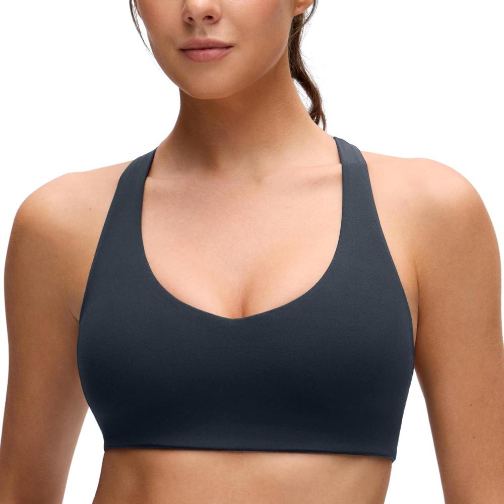 imageCRZ YOGA Butterluxe Racerback Sports Bras for Women V Neck Supportive Padded Wireless Athletic Yoga Crop TopTrue Navy