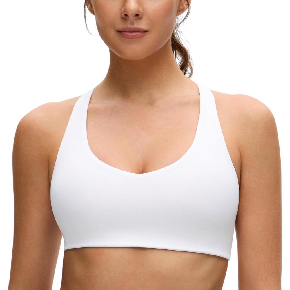 imageCRZ YOGA Butterluxe Racerback Sports Bras for Women  V Neck Supportive Padded Wireless Athletic Yoga Crop TopWhite