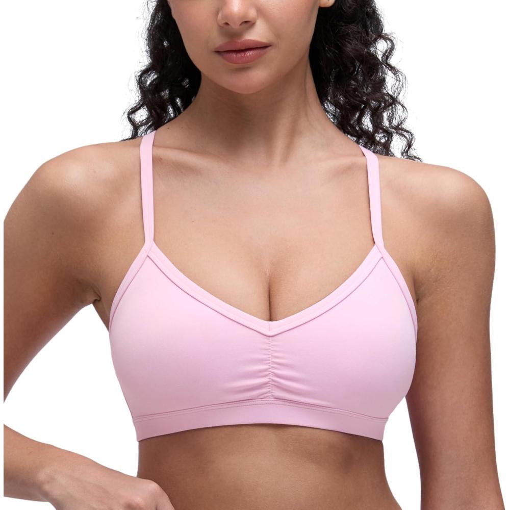 imageCRZ YOGA Butterluxe Ruched Sports Bras for Women V Neck Spaghetti Thin Strap Y Back Wireless Padded Yoga Crop TopVita Pink