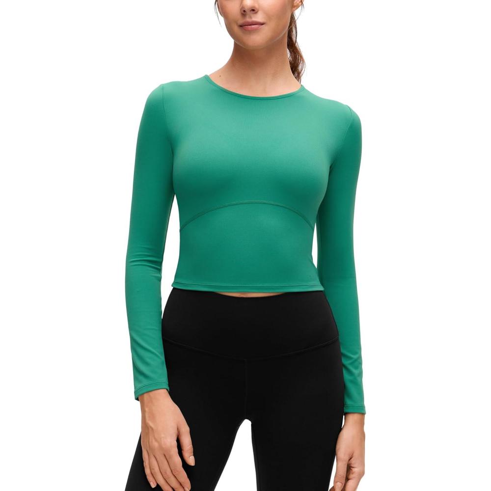 imageCRZ YOGA Butterluxe Scoop Neck Long Sleeve Shirts for Women Workout Athletic Casual Tops Crop Slim Basic Tight ShirtCascadia Green