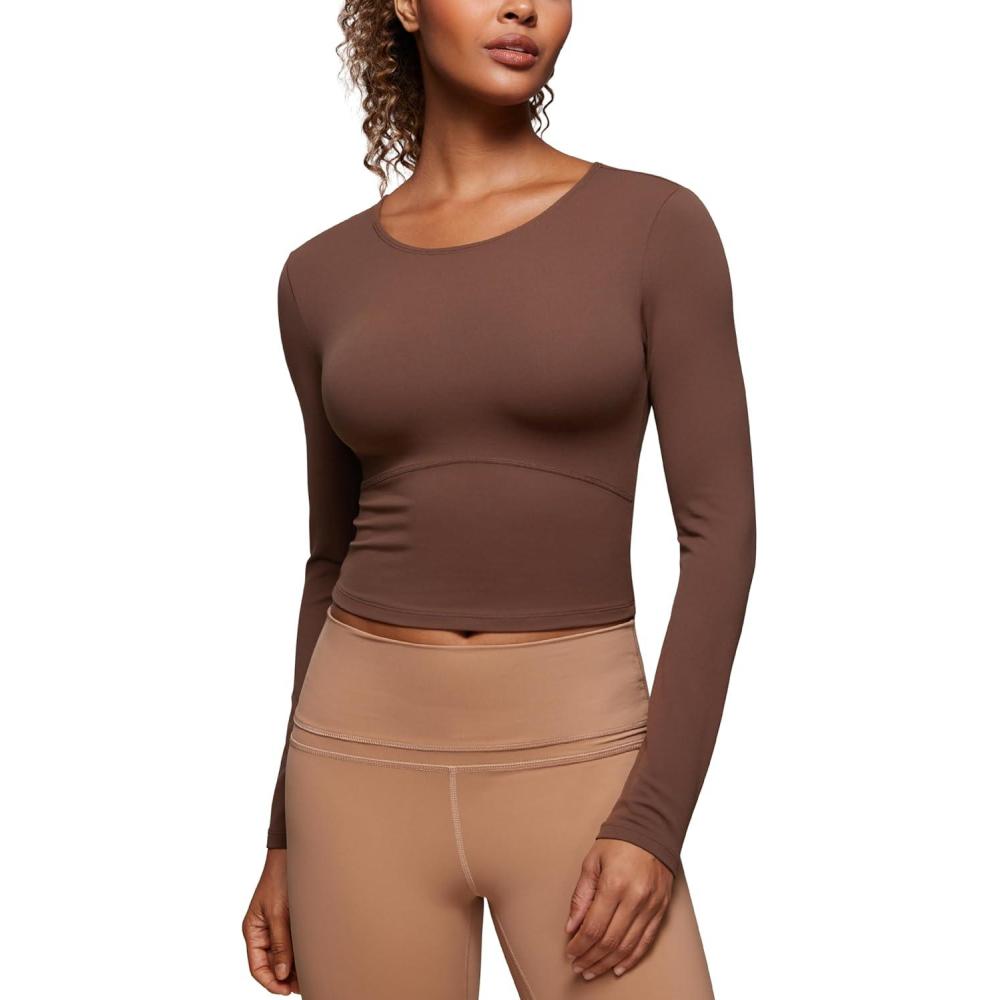 imageCRZ YOGA Butterluxe Scoop Neck Long Sleeve Shirts for Women Workout Athletic Casual Tops Crop Slim Basic Tight ShirtCoffee Brown