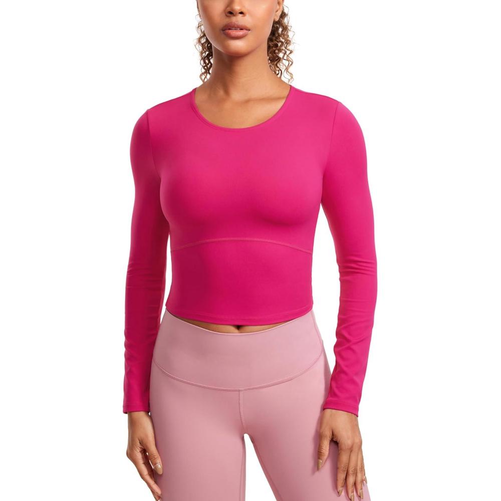 imageCRZ YOGA Butterluxe Scoop Neck Long Sleeve Shirts for Women Workout Athletic Casual Tops Crop Slim Basic Tight ShirtGranita Pink