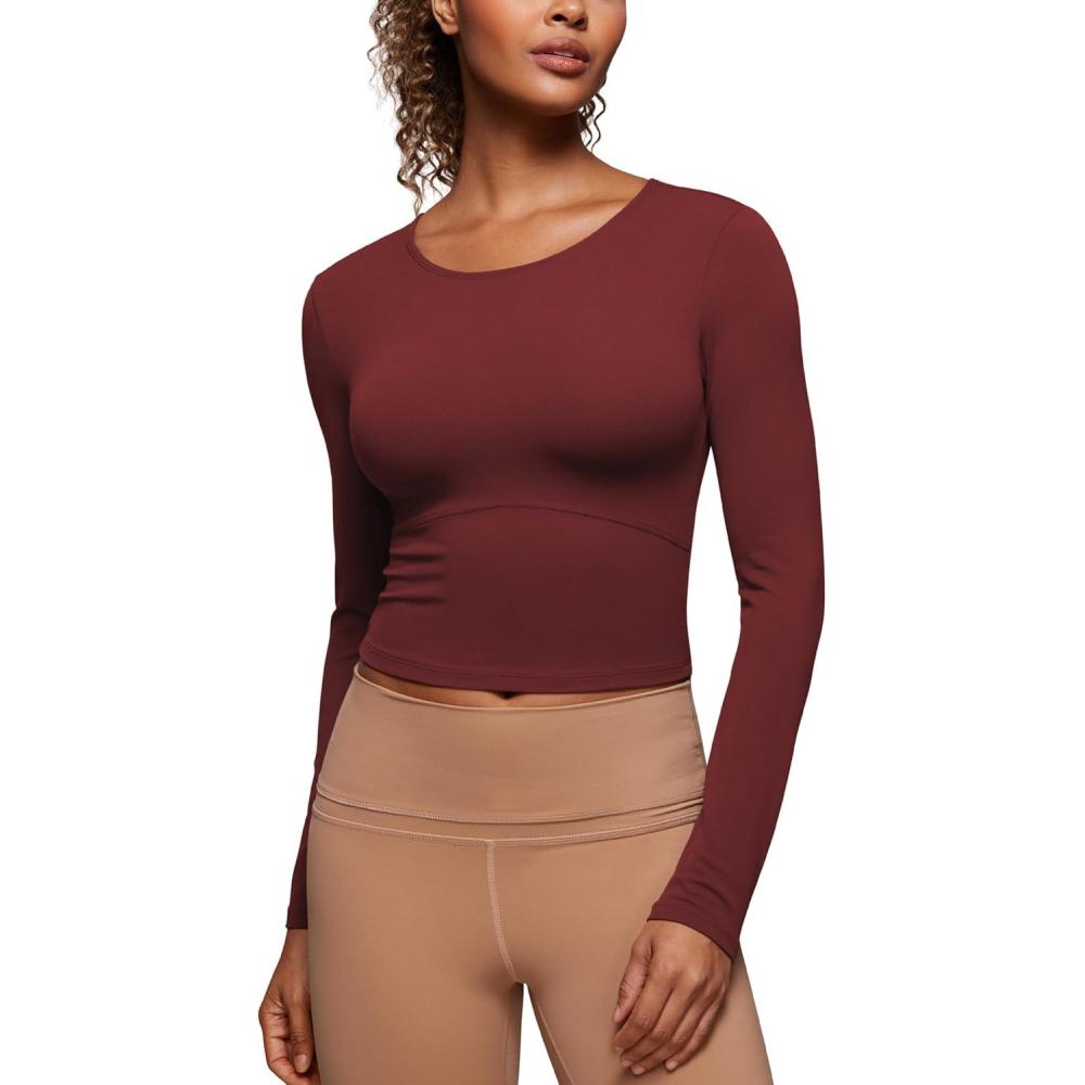 imageCRZ YOGA Butterluxe Scoop Neck Long Sleeve Shirts for Women Workout Athletic Casual Tops Crop Slim Basic Tight ShirtNoctilucence Red