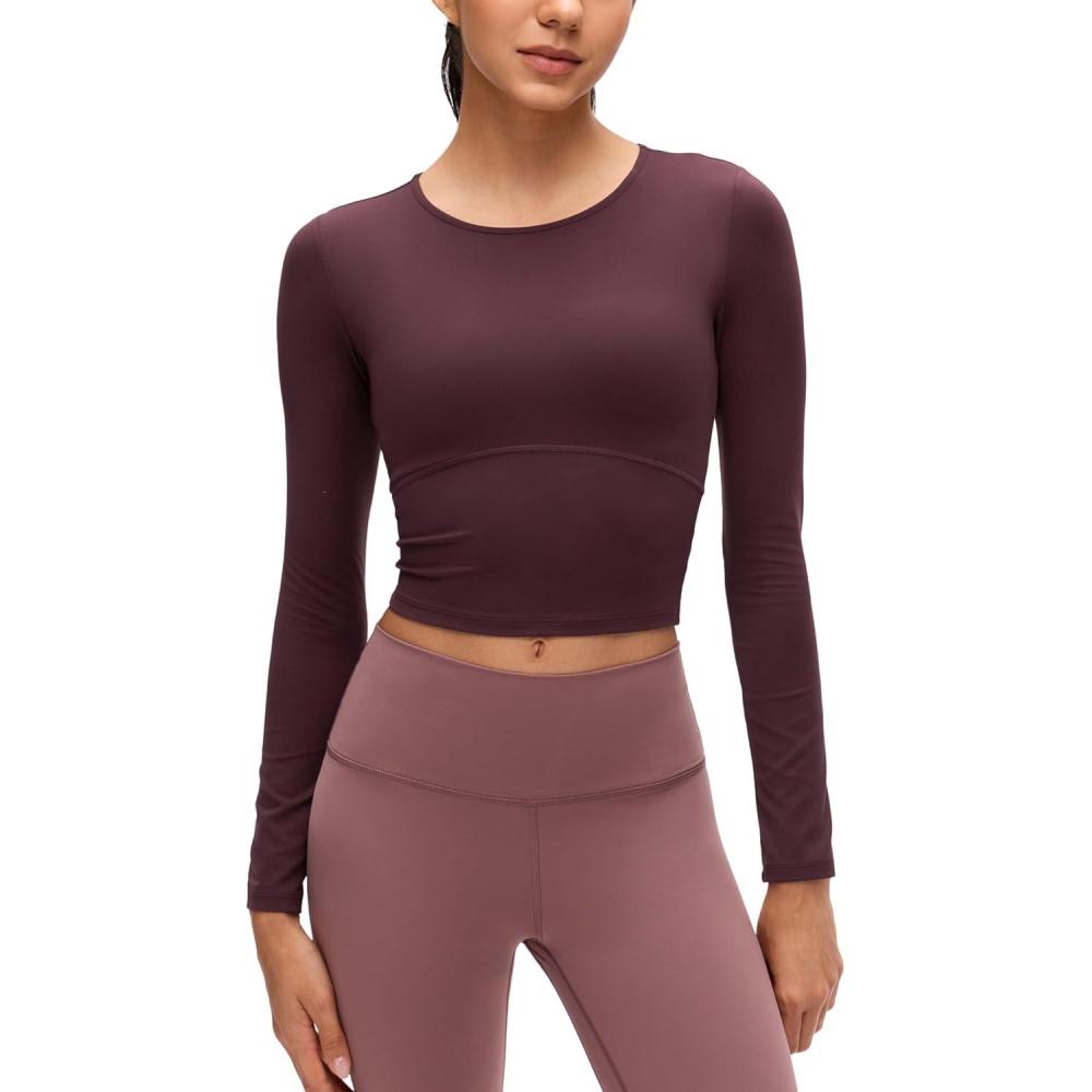 imageCRZ YOGA Butterluxe Scoop Neck Long Sleeve Shirts for Women Workout Athletic Casual Tops Crop Slim Basic Tight ShirtRipe Plum