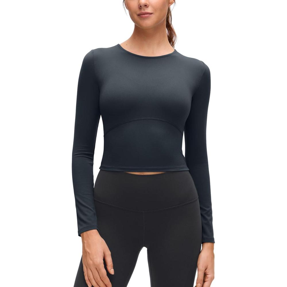 imageCRZ YOGA Butterluxe Scoop Neck Long Sleeve Shirts for Women Workout Athletic Casual Tops Crop Slim Basic Tight ShirtTrue Navy