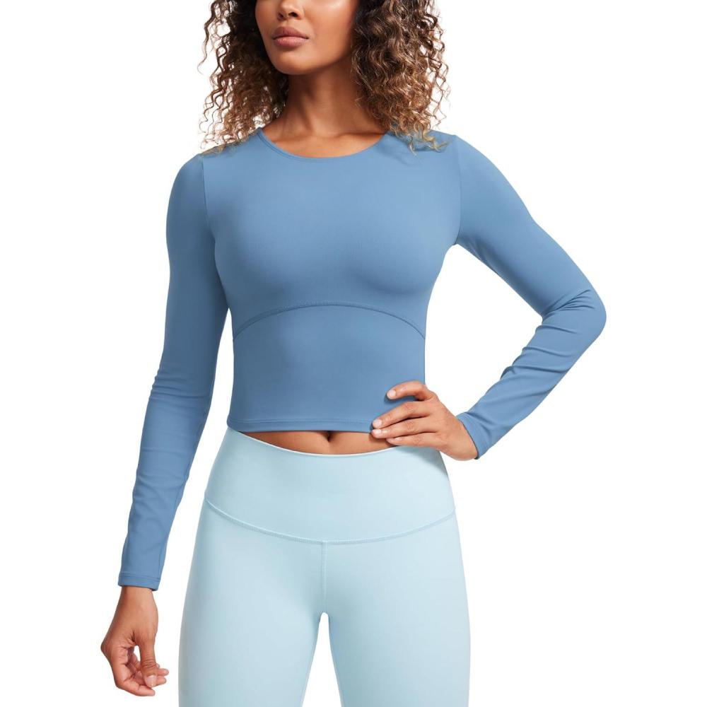 imageCRZ YOGA Butterluxe Scoop Neck Long Sleeve Shirts for Women Workout Athletic Casual Tops Crop Slim Basic Tight ShirtUniverse Blue