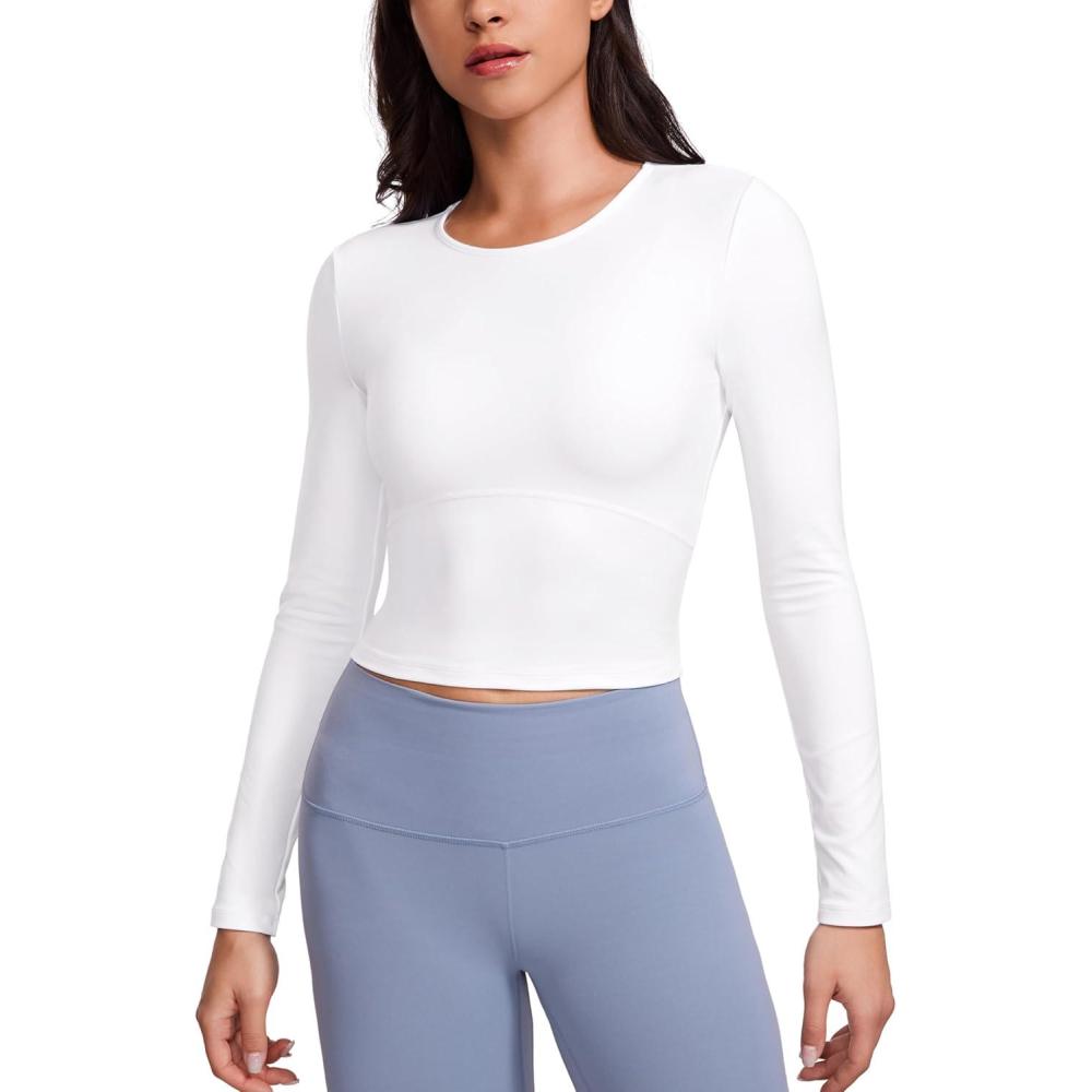 imageCRZ YOGA Butterluxe Scoop Neck Long Sleeve Shirts for Women Workout Athletic Casual Tops Crop Slim Basic Tight ShirtWhite