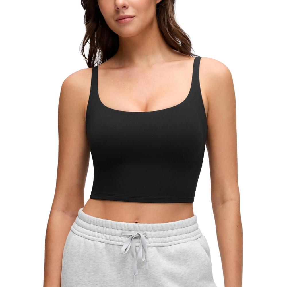 imageCRZ YOGA Butterluxe Soft Double Lined Cami Tank Tops for Women Yoga Casual Going Out Crop Square Neck Sleeveless ShirtsBlack