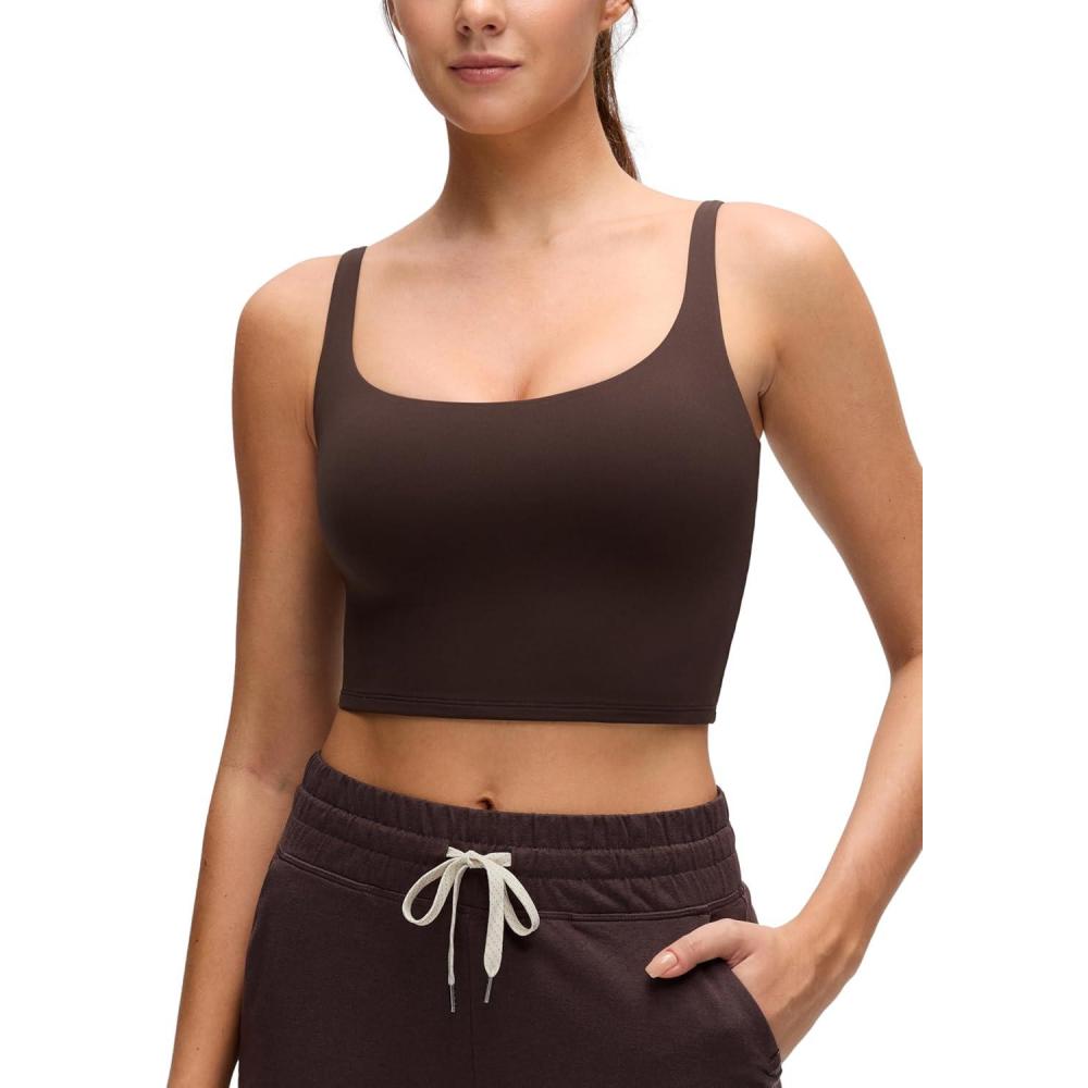imageCRZ YOGA Butterluxe Soft Double Lined Cami Tank Tops for Women Yoga Casual Going Out Crop Square Neck Sleeveless ShirtsHot Fudge Brown