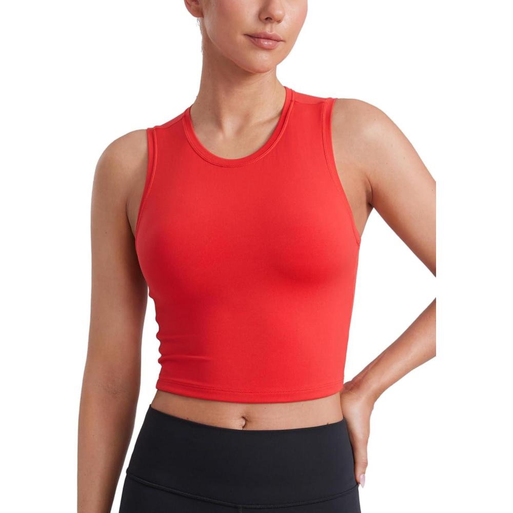 imageCRZ YOGA Butterluxe Soft Double Lined Tank Tops for Women Yoga Workout Casual Going Out High Neck Basic Sleeveless ShirtDeep Red