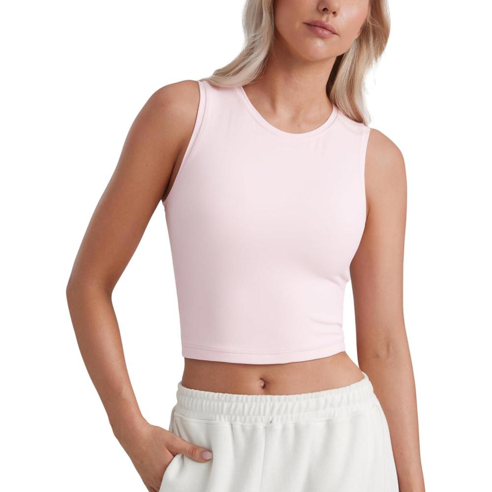 imageCRZ YOGA Butterluxe Soft Double Lined Tank Tops for Women Yoga Workout Casual Going Out High Neck Basic Sleeveless ShirtStrawberry Pink