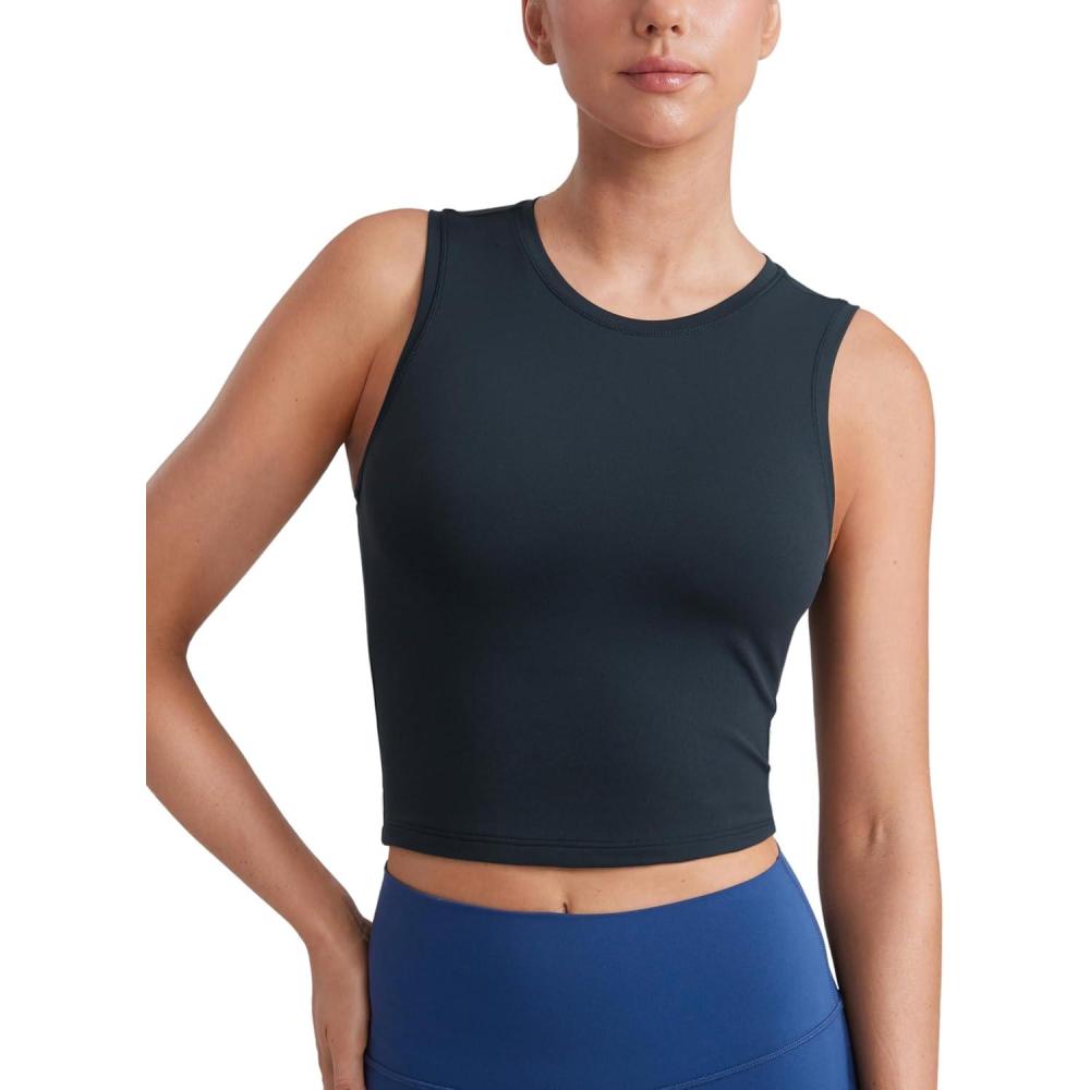 imageCRZ YOGA Butterluxe Soft Double Lined Tank Tops for Women Yoga Workout Casual Going Out High Neck Basic Sleeveless ShirtTrue Navy