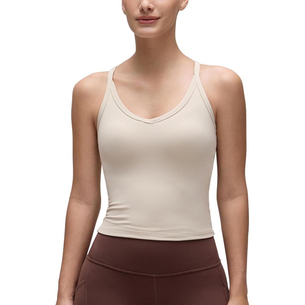imageCRZ YOGA Butterluxe Soft Double Lined V Neck Tank Tops for Women Yoga Casual Camisole Racerback Tight Sleeveless ShirtMojave Tan