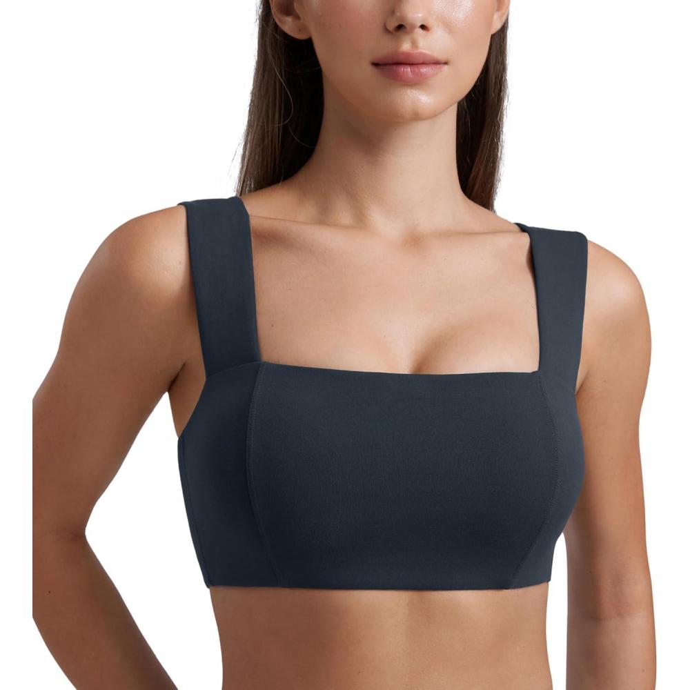 imageCRZ YOGA Butterluxe Wide Straps Sports Bras for Women Square Neck Padded Open Back Camisole Yoga Crop TopTrue Navy