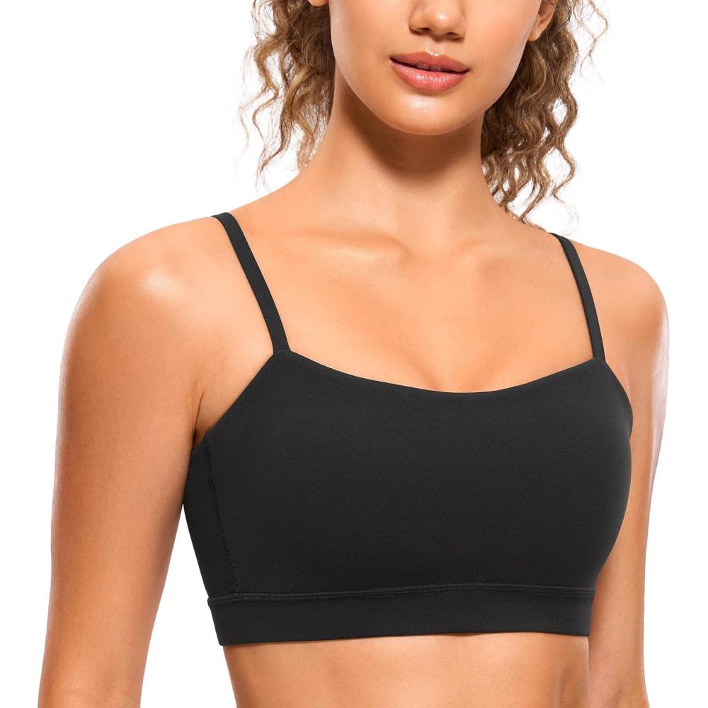 imageCRZ YOGA Butterluxe Womens Adjustable Spaghetti Thin Strap Sports Bra Padded Wireless Square Neck Workout Yoga ClothesBlack