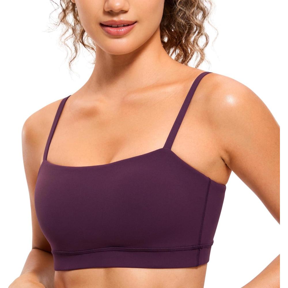 imageCRZ YOGA Butterluxe Womens Adjustable Spaghetti Thin Strap Sports Bra Padded Wireless Square Neck Workout Yoga ClothesDeep Purple