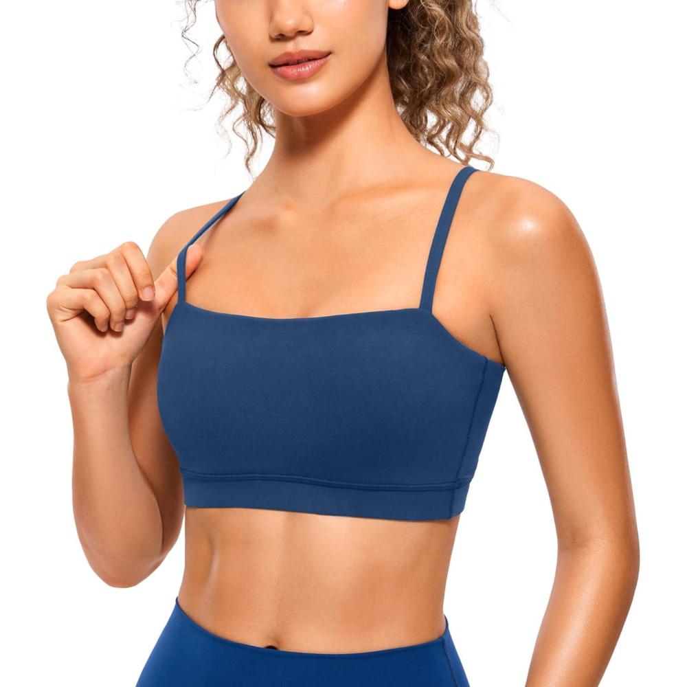 imageCRZ YOGA Butterluxe Womens Adjustable Spaghetti Thin Strap Sports Bra Padded Wireless Square Neck Workout Yoga ClothesFrench Navy