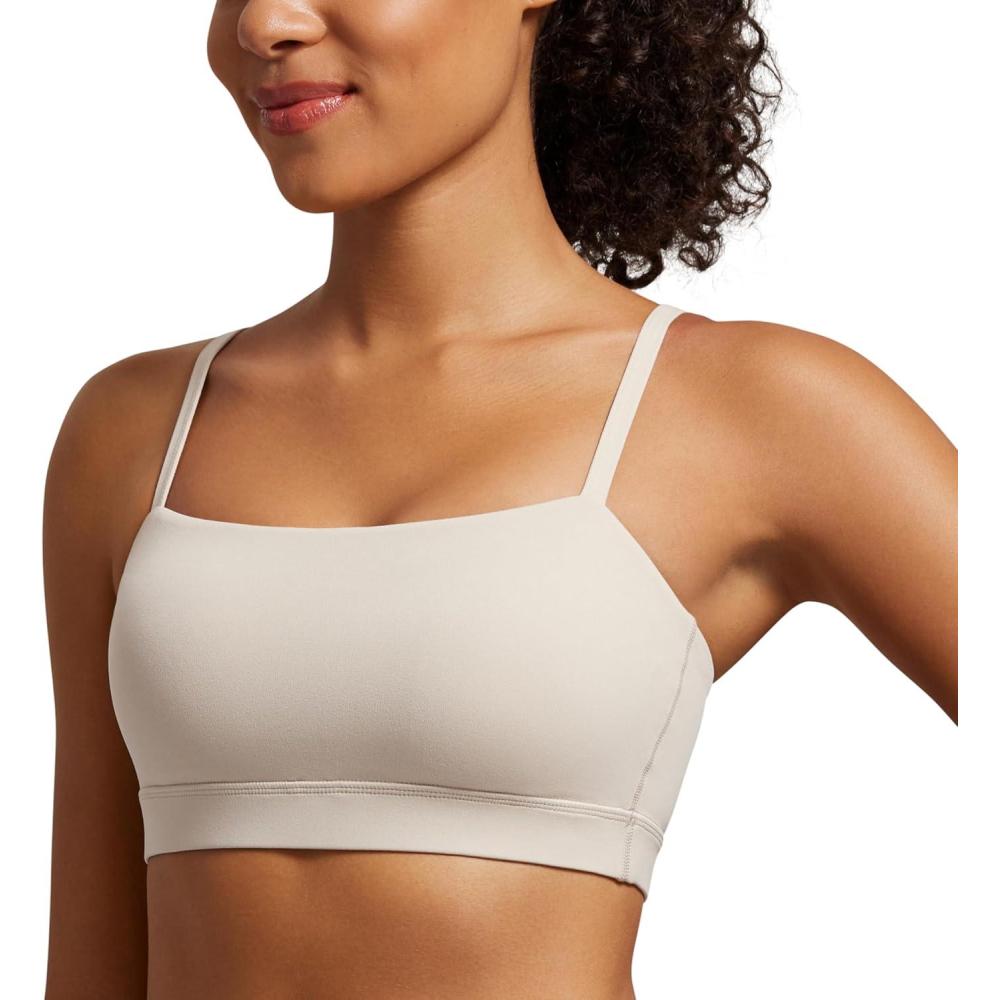 imageCRZ YOGA Butterluxe Womens Adjustable Spaghetti Thin Strap Sports Bra Padded Wireless Square Neck Workout Yoga ClothesMojave Tan
