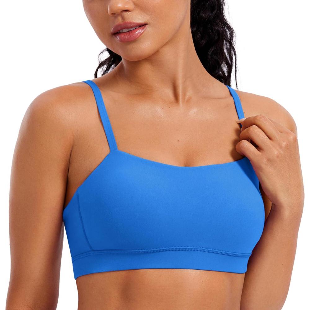 imageCRZ YOGA Butterluxe Womens Adjustable Spaghetti Thin Strap Sports Bra Padded Wireless Square Neck Workout Yoga ClothesSparkle Blue