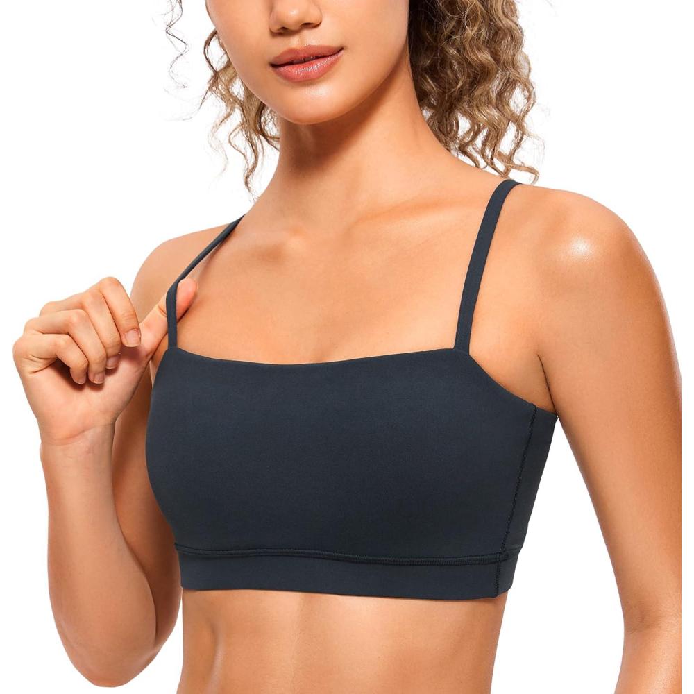imageCRZ YOGA Butterluxe Womens Adjustable Spaghetti Thin Strap Sports Bra Padded Wireless Square Neck Workout Yoga ClothesTrue Navy