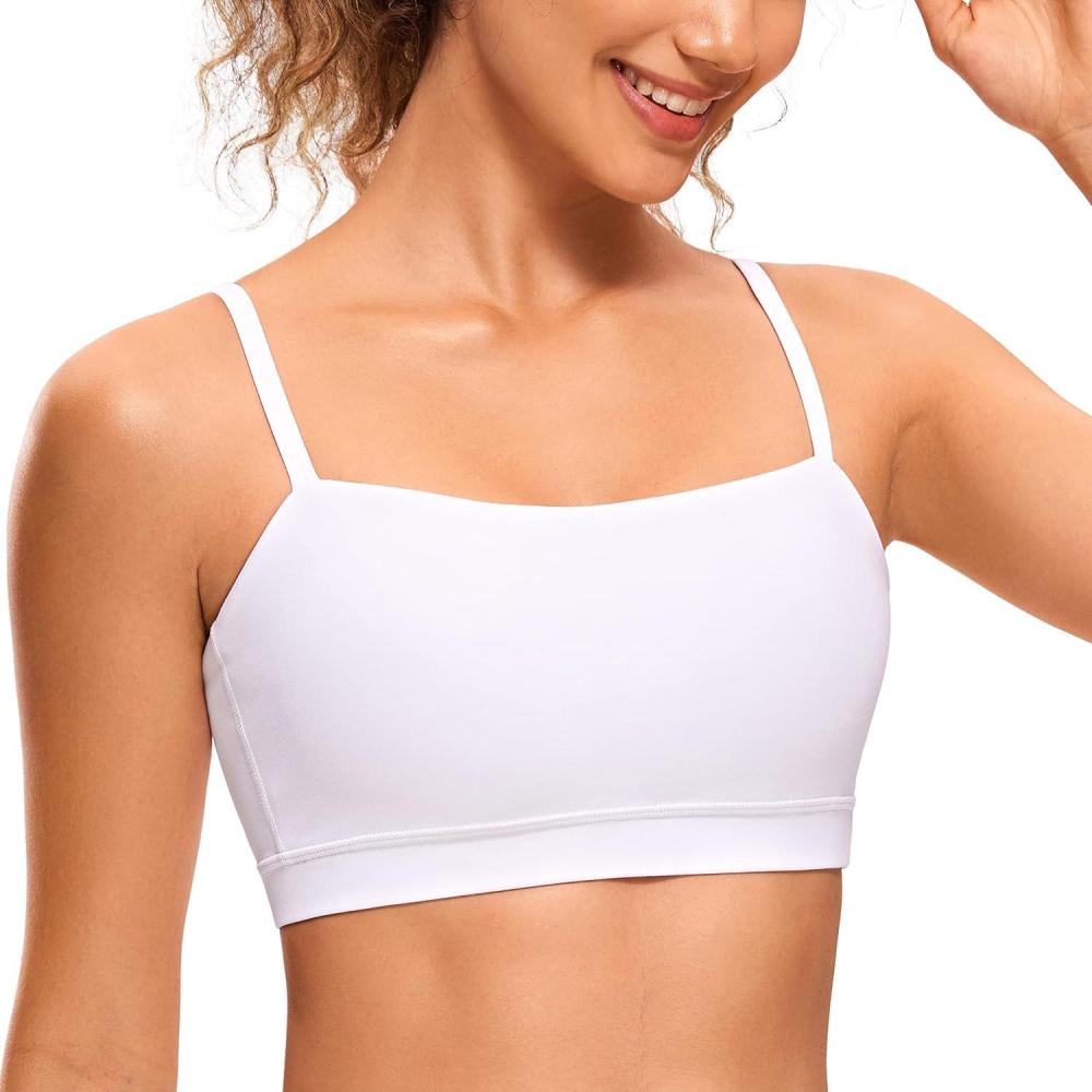 imageCRZ YOGA Butterluxe Womens Adjustable Spaghetti Thin Strap Sports Bra Padded Wireless Square Neck Workout Yoga ClothesWhite