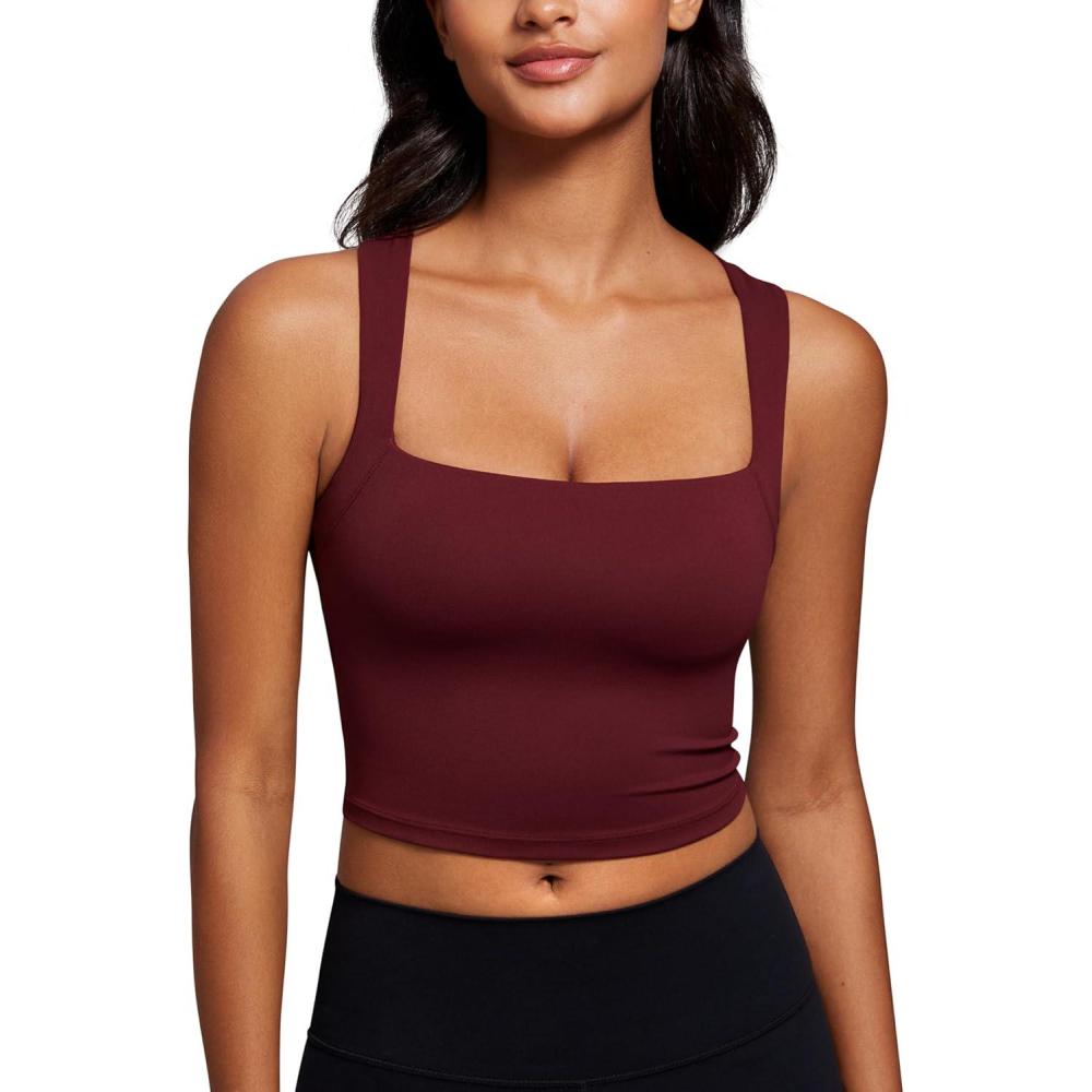 imageCRZ YOGA Butterluxe Womens Longline Square Neck Sports Bras Basic Crop Tank Yoga Workout Tops with Built in PadsRed Merlot