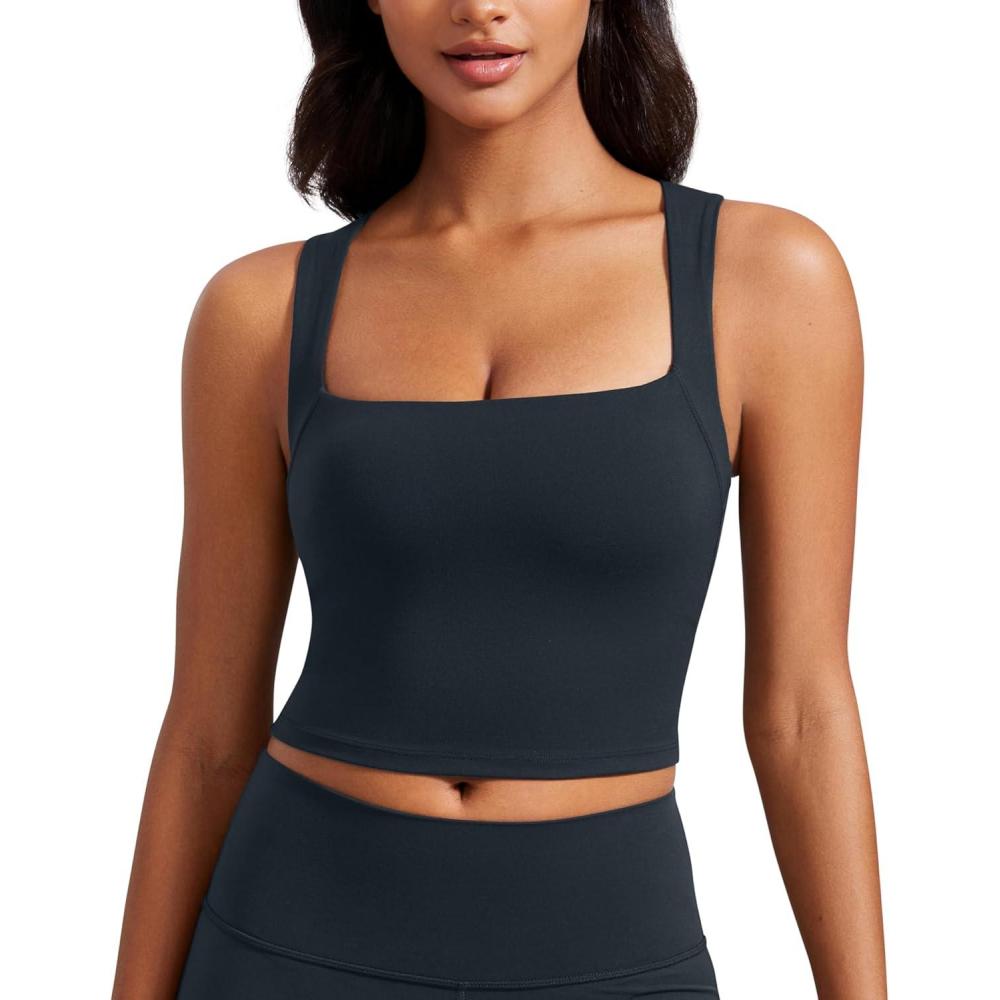 imageCRZ YOGA Butterluxe Womens Longline Square Neck Sports Bras  Basic Crop Tank Yoga Workout Tops with Built in PadsTrue Navy