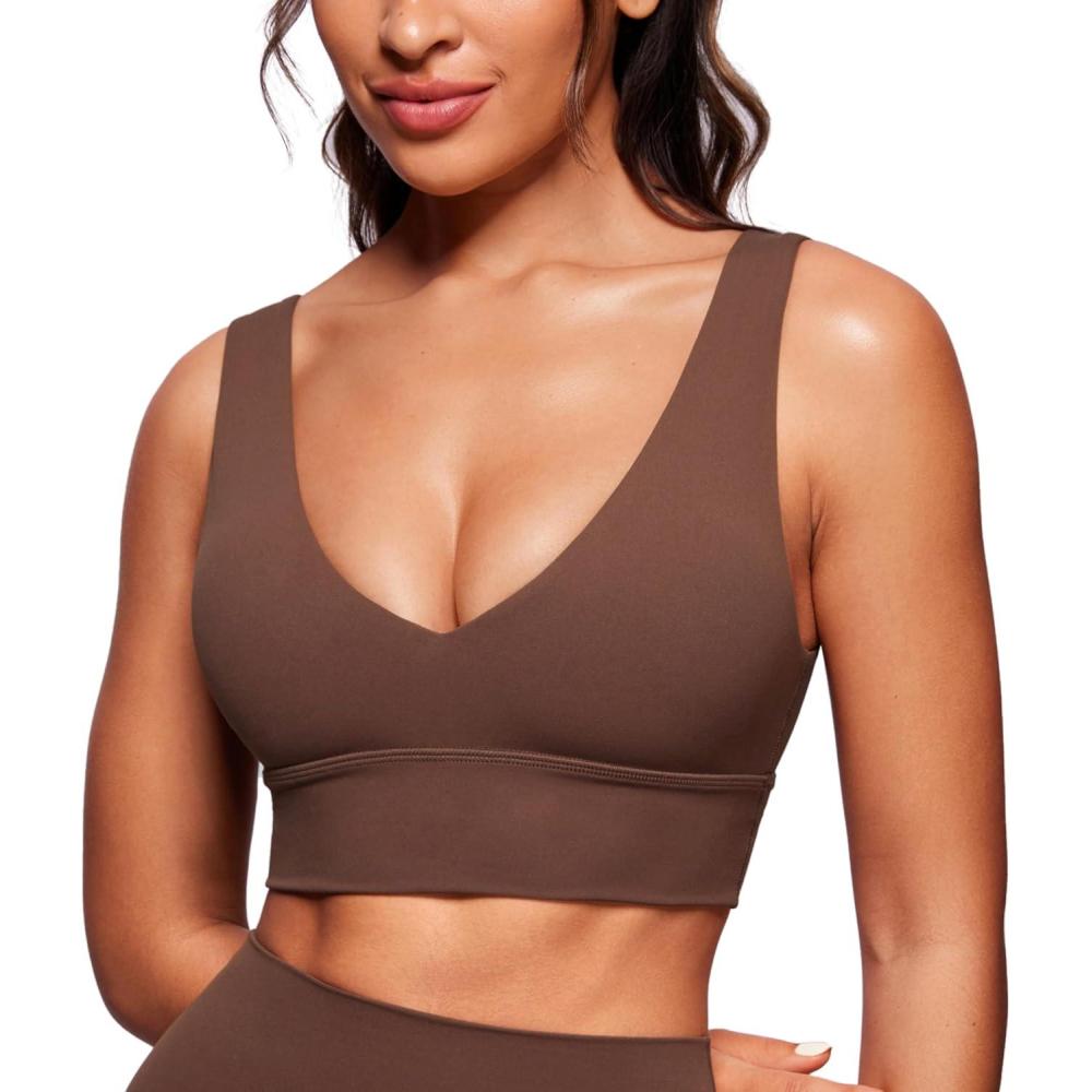 imageCRZ YOGA Butterluxe Womens VNeck Longline Sports Bra Wireless UShaped Open Back Yoga Low Impact Padded Crop TopCoffee Brown