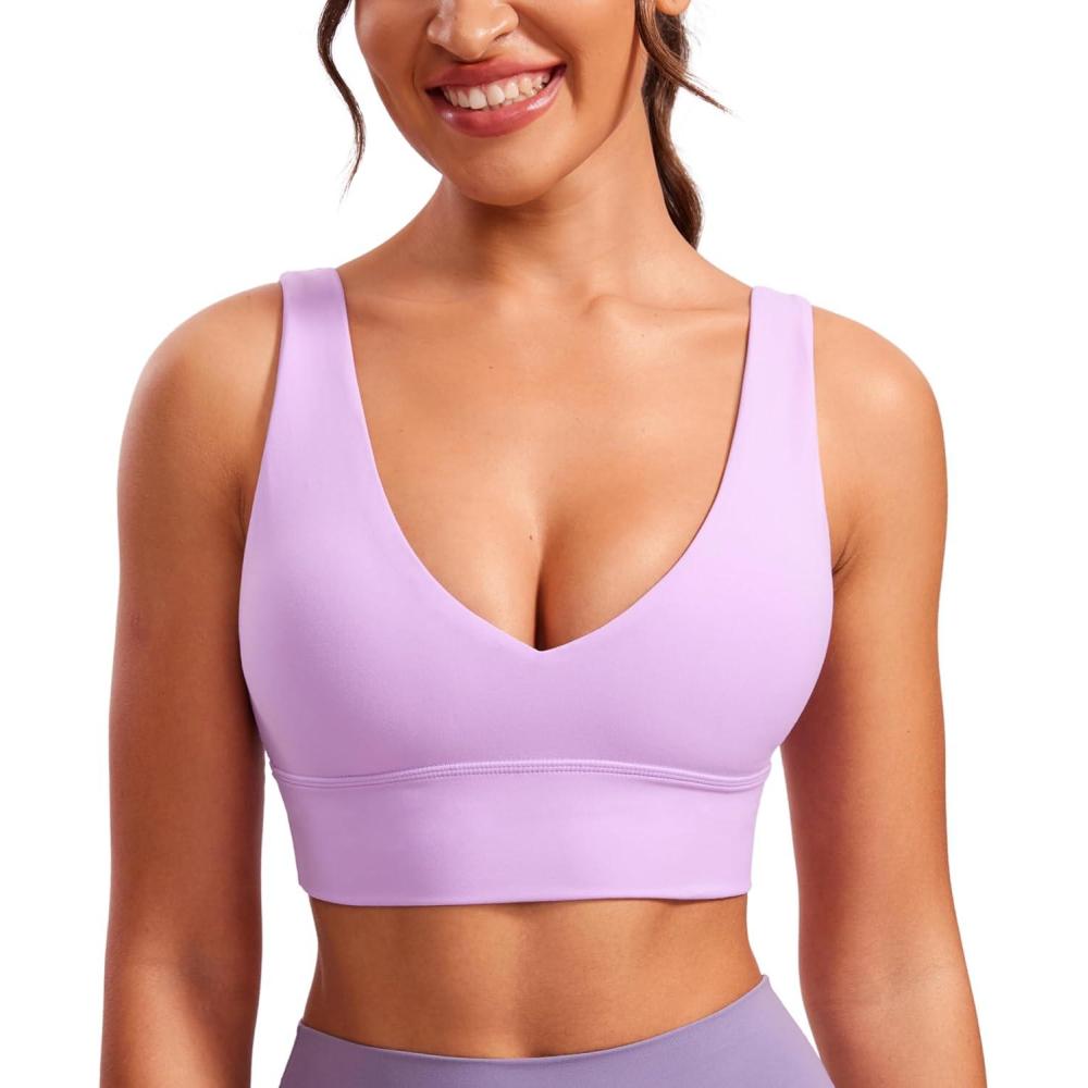 imageCRZ YOGA Butterluxe Womens VNeck Longline Sports Bra Wireless UShaped Open Back Yoga Low Impact Padded Crop TopLilac